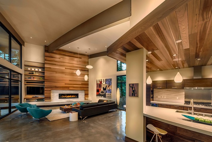 Living room and kitchen in the Sage Flight House, Truckee, CA by Sage Architecture