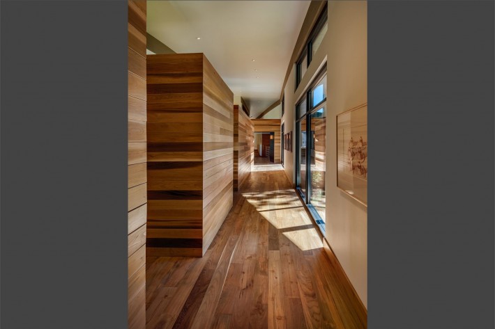Wooden hallway in home built by Sage Architecture, Truckee CA